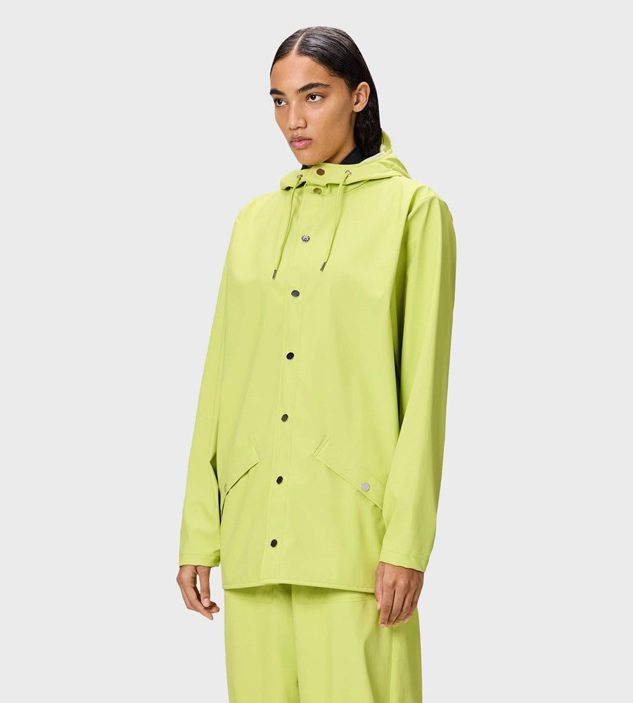 Person wearing a bright green raincoat on a white background
