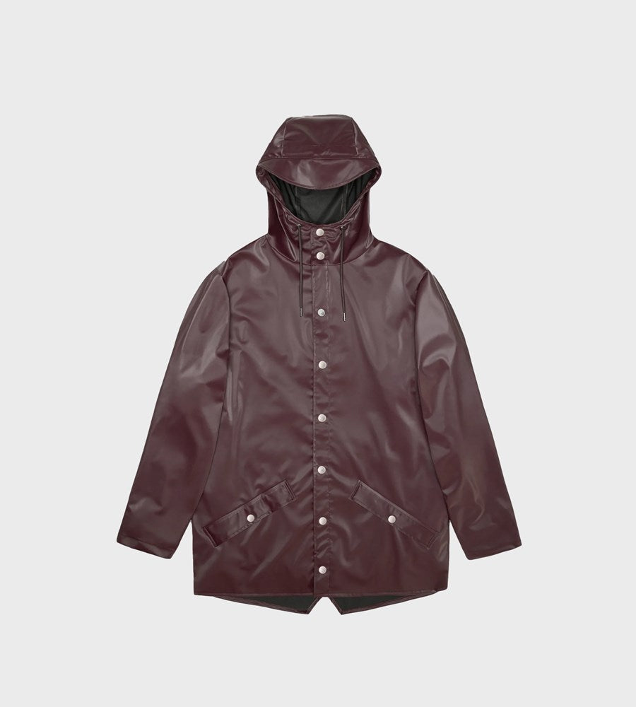 Maroon raincoat with a hood on a light gray background