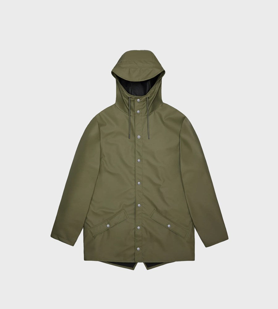 Green raincoat on a light gray background