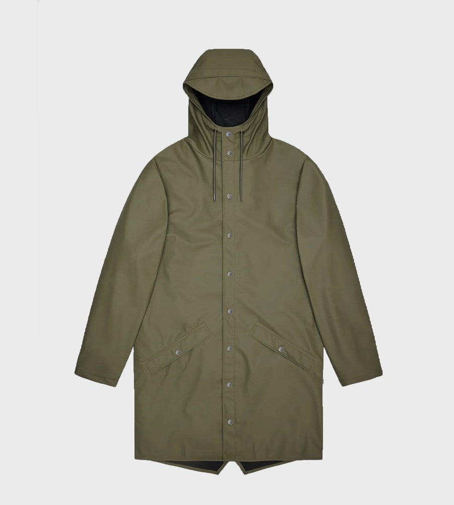Green raincoat on a light gray background