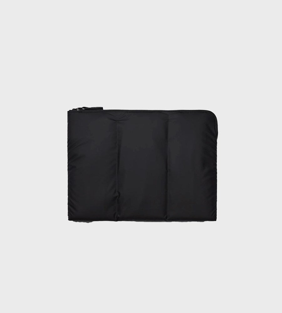 Black quilted bag on a light gray background