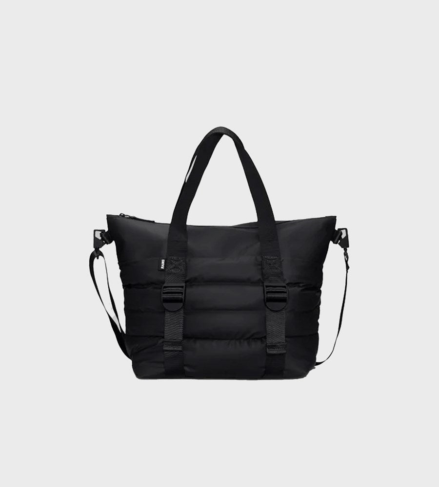 Black tote bag with shoulder straps on a light gray background