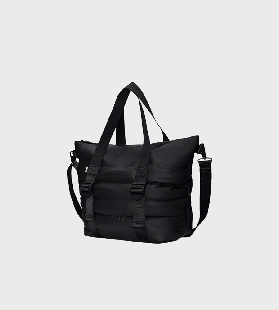 Black tote bag on a light gray background