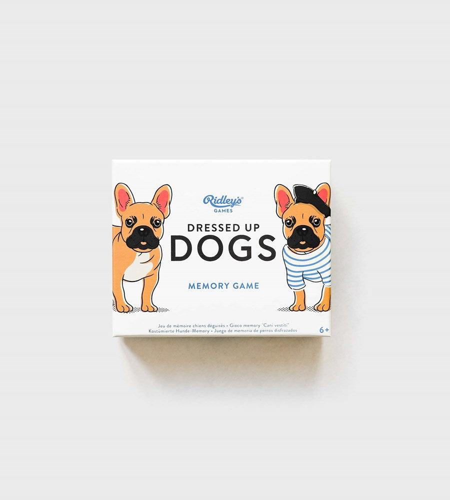 Memory game box with cartoon dogs on a white background