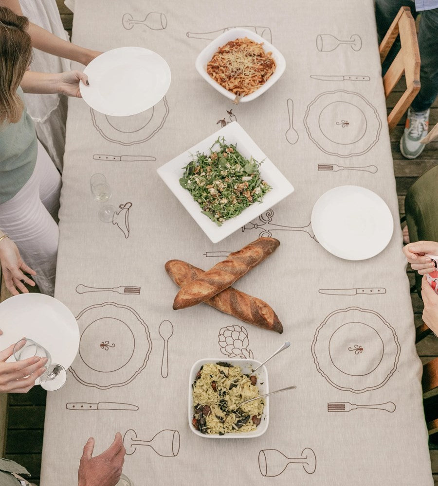 Slow Dine | Embroidered Tablecloth |  Heirloom Beige 100% Linen