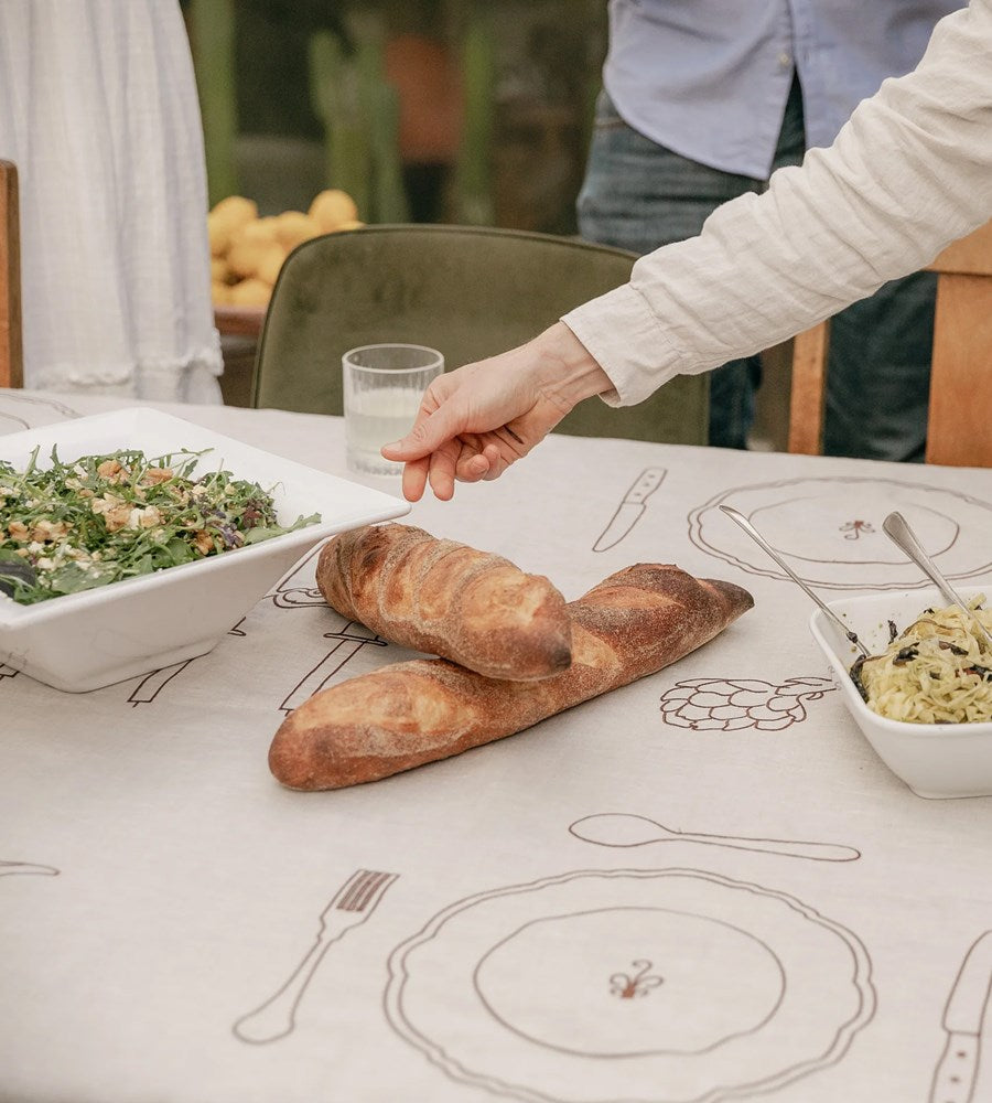 Slow Dine | Embroidered Tablecloth |  Heirloom Beige 100% Linen