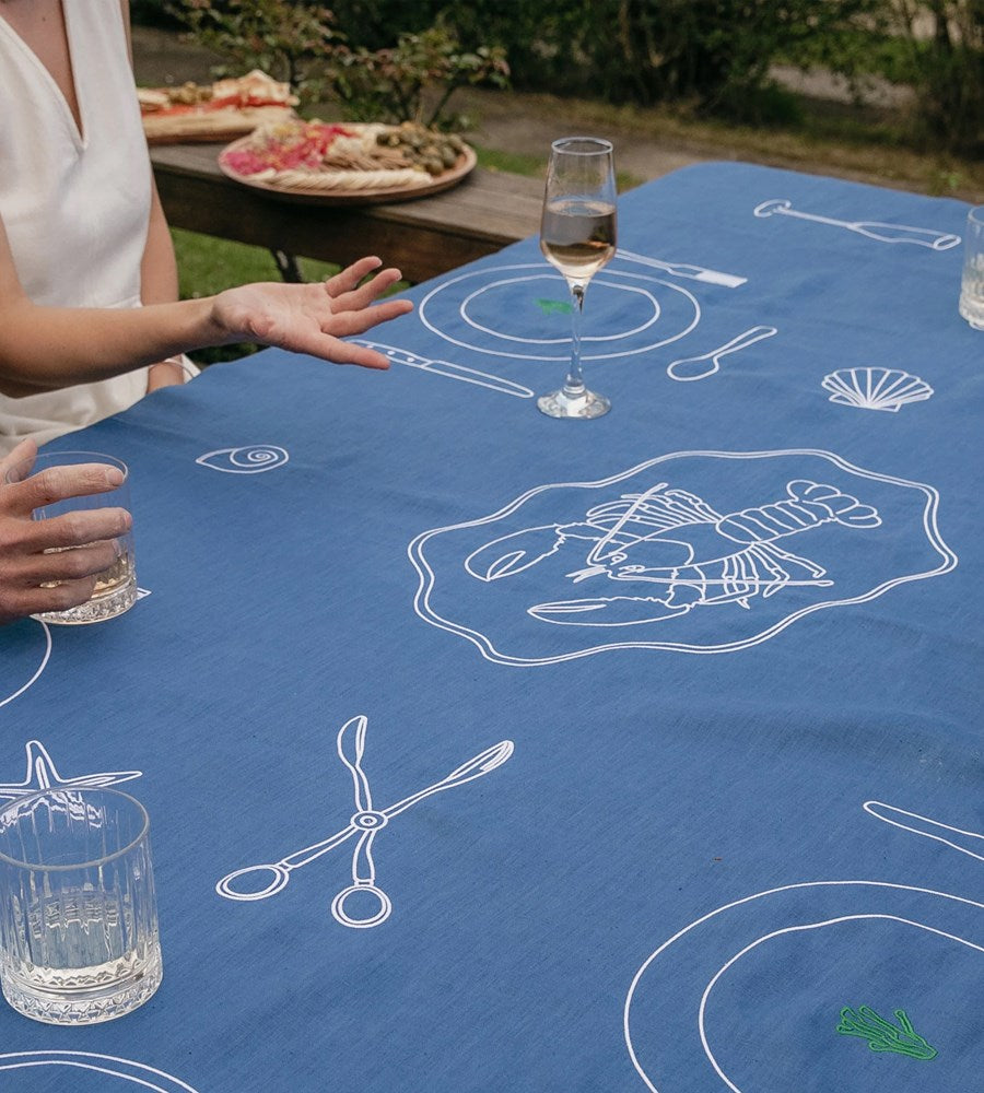 Slow Dine | Embroidered Tablecloth | Sea Blue 100% Linen