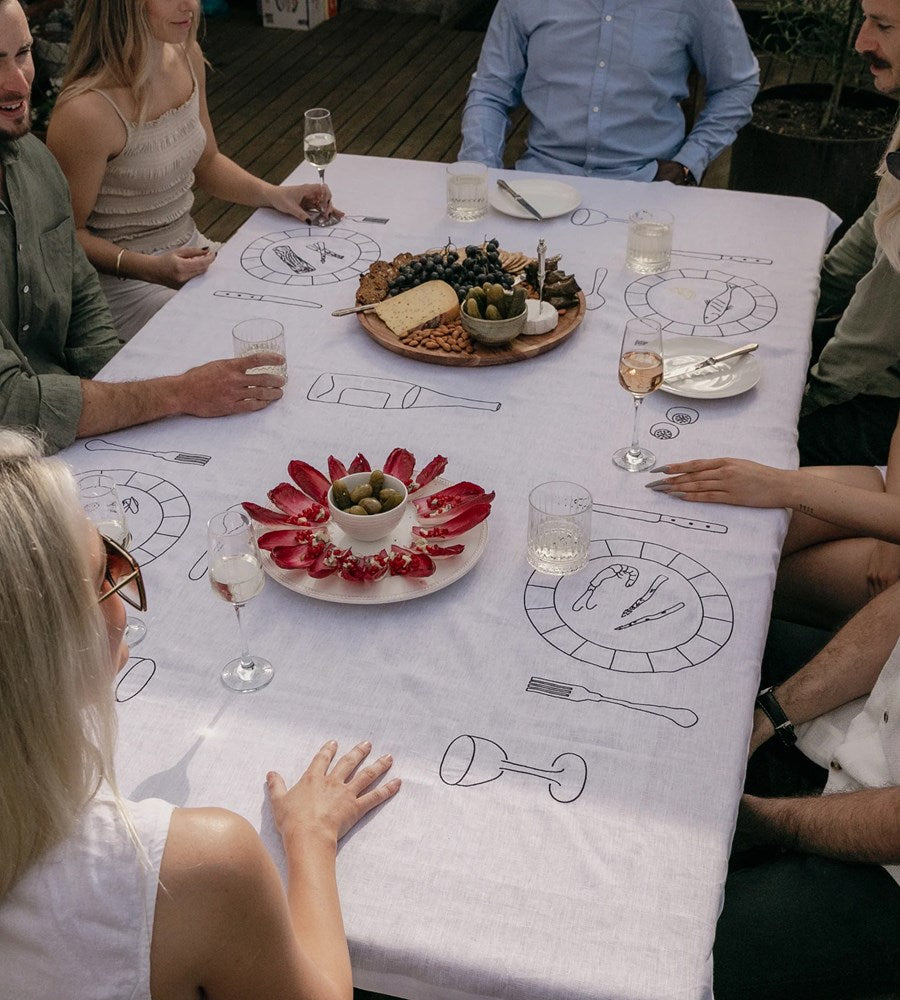 Slow Dine | Embroidered Tablecloth | White Soirée 100% Linen