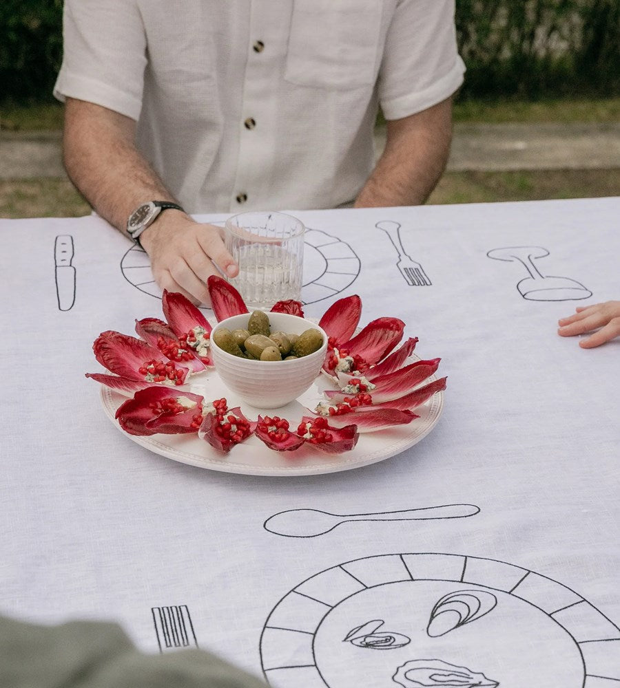 Slow Dine | Embroidered Tablecloth | White Soirée 100% Linen