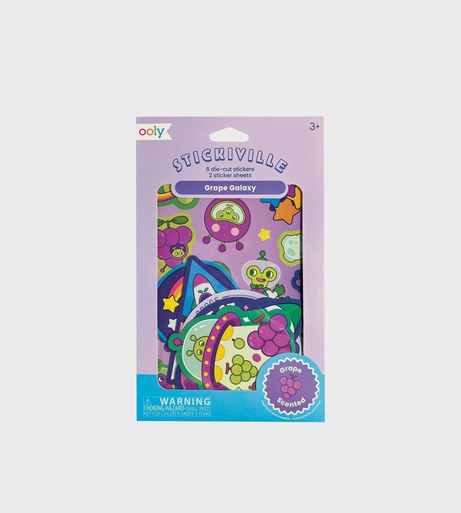 Packaged product of Stickiville Grape Galaxy stickers with colorful design on a purple background