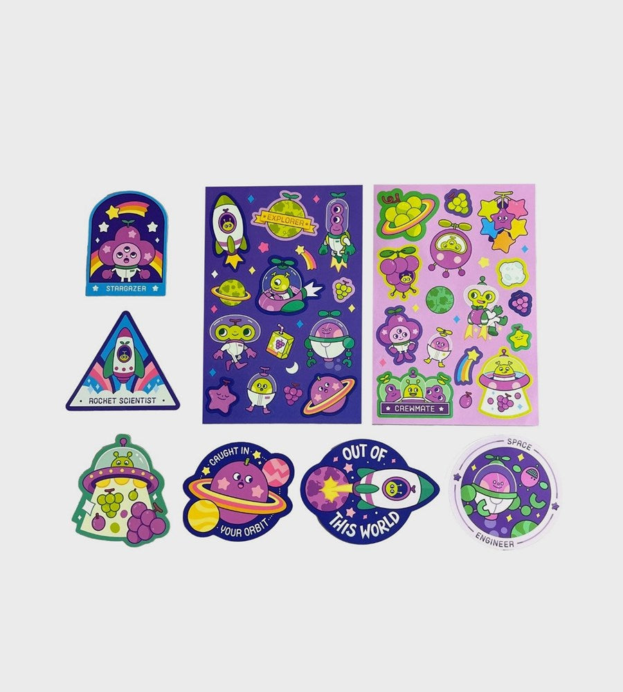 Collection of colorful stickers with space-themed designs on a white background