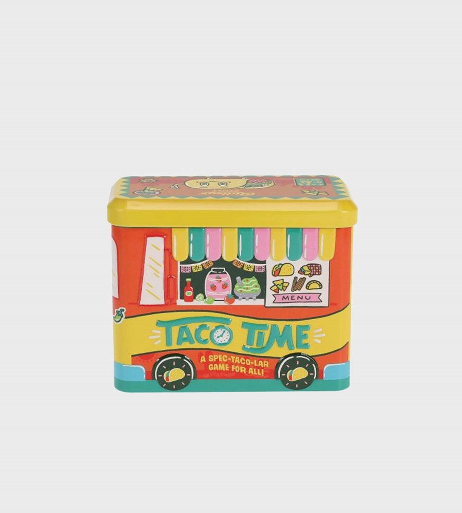 Colorful tin box with 'Taco Time' design on a white background