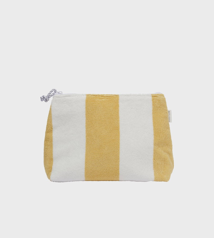 Striped pouch with yellow and white stripes on a light gray background