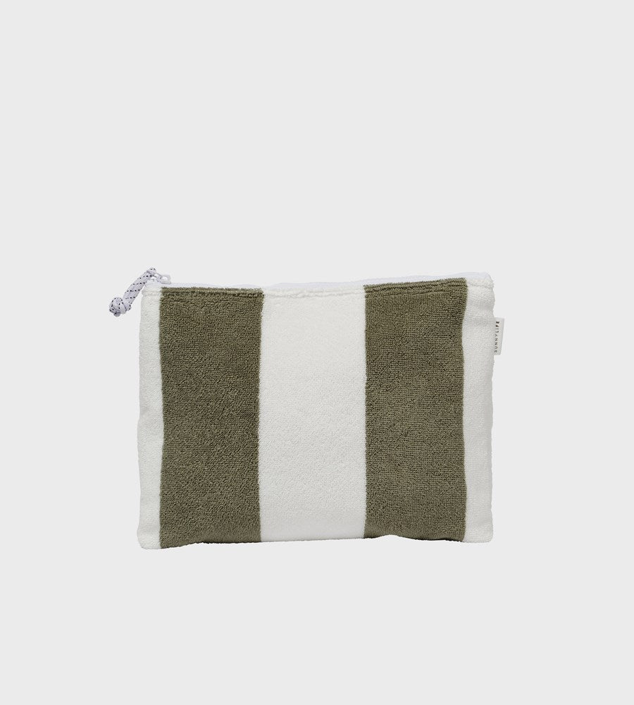 Striped pouch with green and white pattern on a light gray background