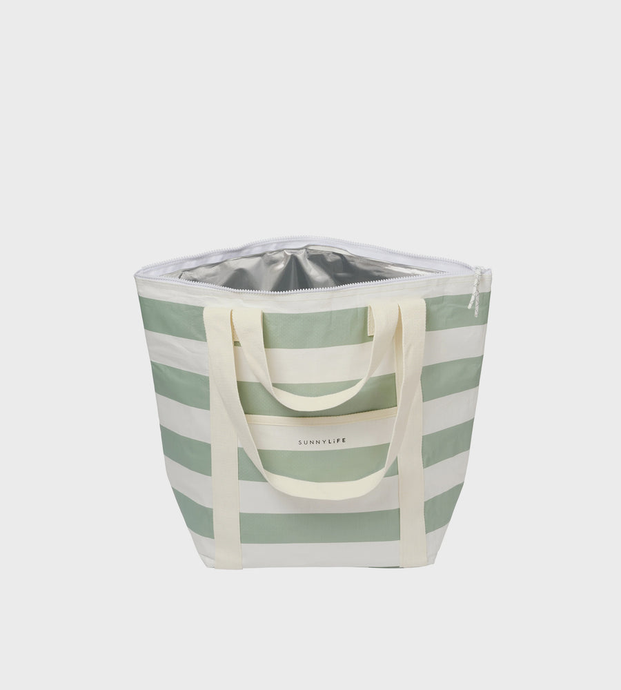 Green and white striped tote bag with a clear plastic liner on a light gray background
