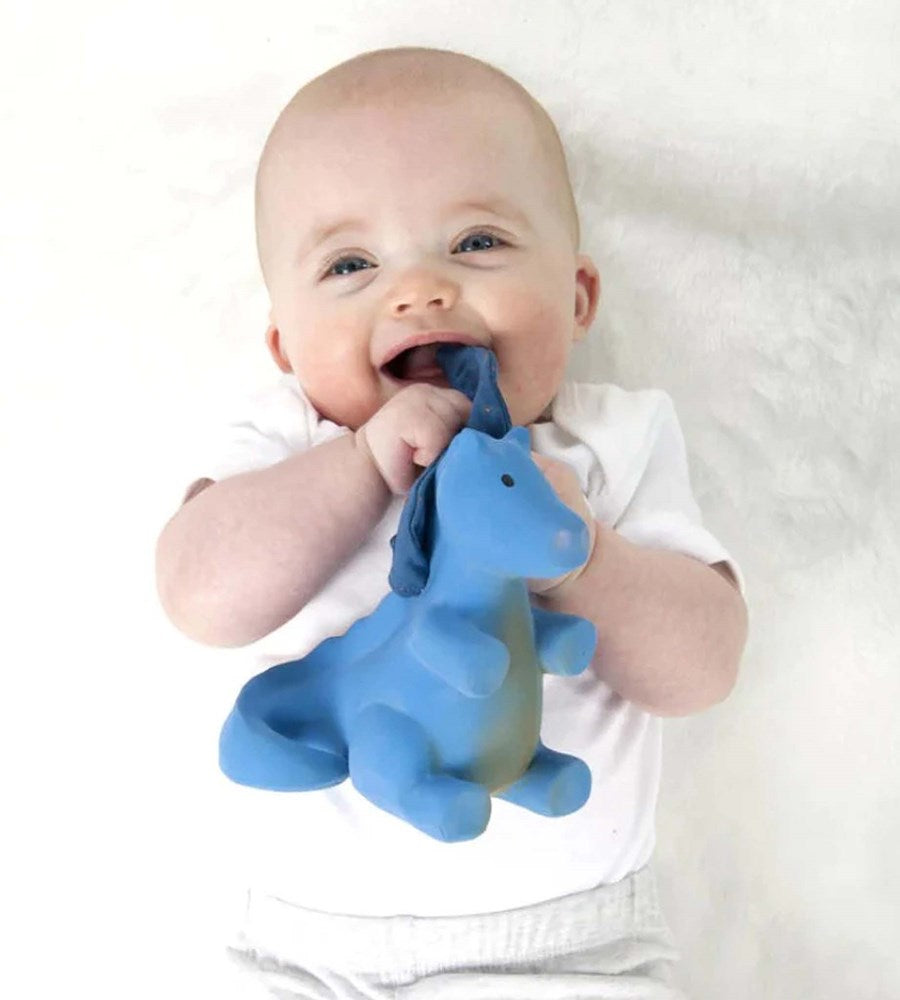 Baby holding a blue dinosaur-shaped teething toy against a white background
