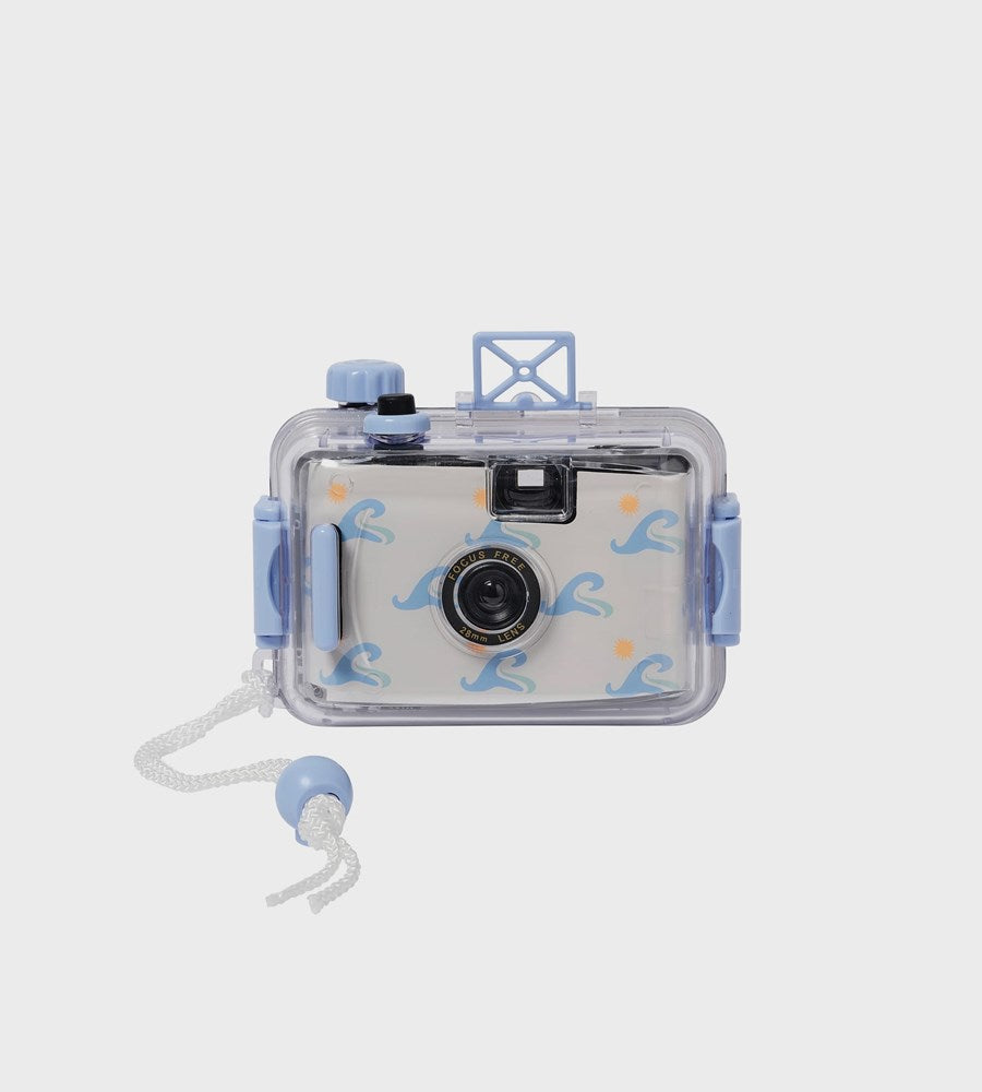 Underwater camera housing with blue accents on a white background