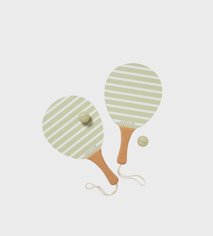 Two striped paddle fans on a light gray background