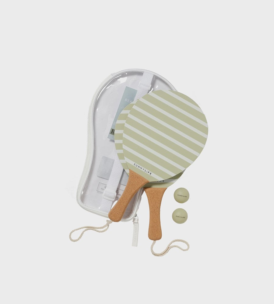 Striped paddle with wooden handle in clear case on white background