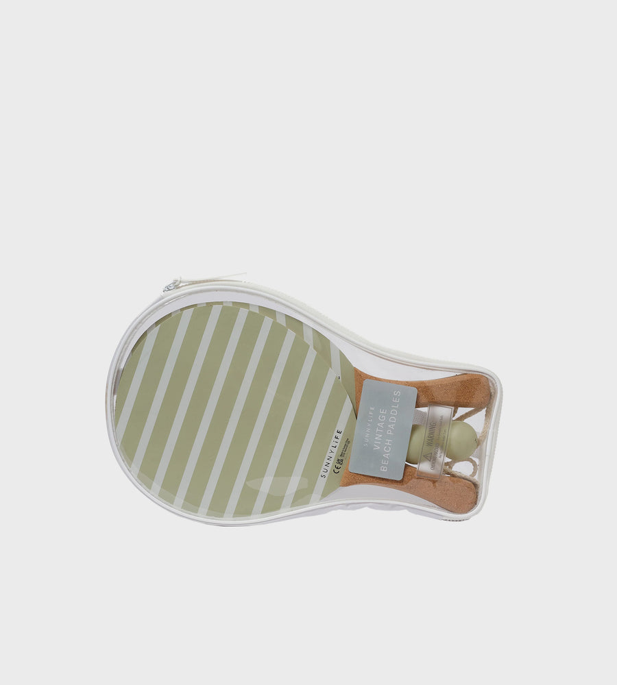 Paddle with striped design and wooden handle on a light gray background