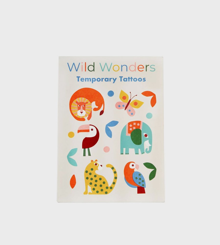 Pack of Wild Wonders temporary tattoos with colorful animal illustrations on a white background