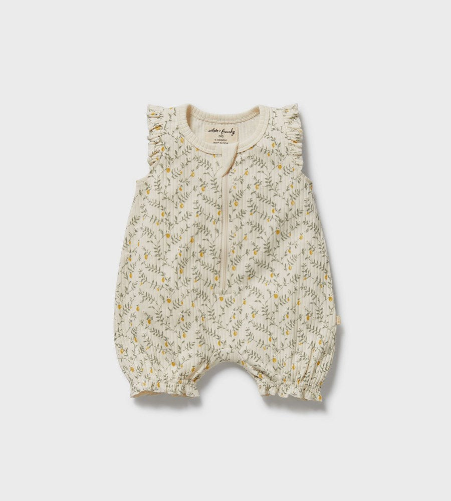 Baby romper with floral pattern on a white background