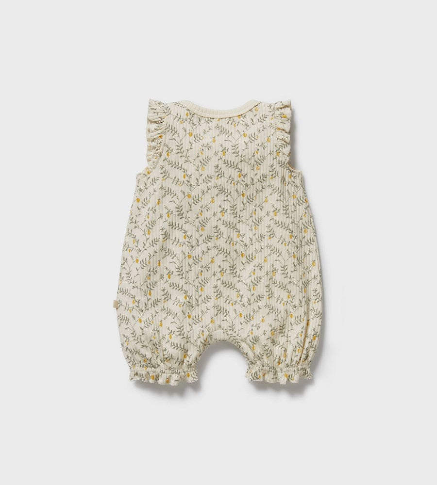 Floral-patterned baby romper on a light gray background