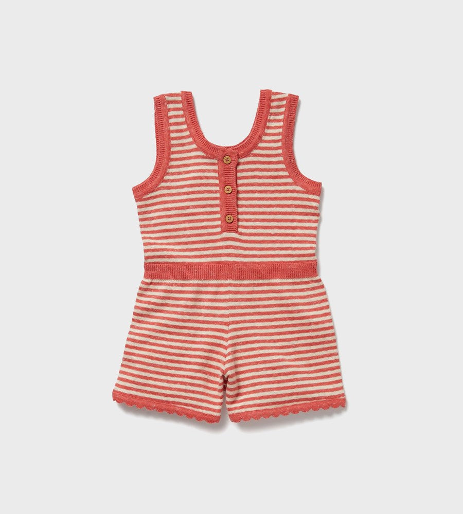 Red and white striped baby romper on a light gray background