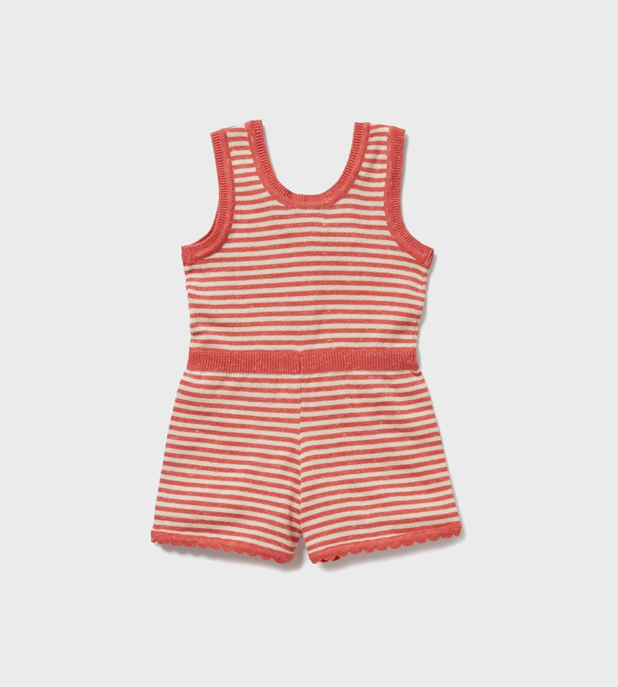 Red and white striped romper on a light gray background