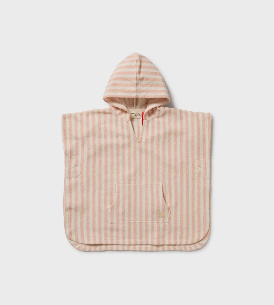 Pink and white striped hooded poncho on a light gray background