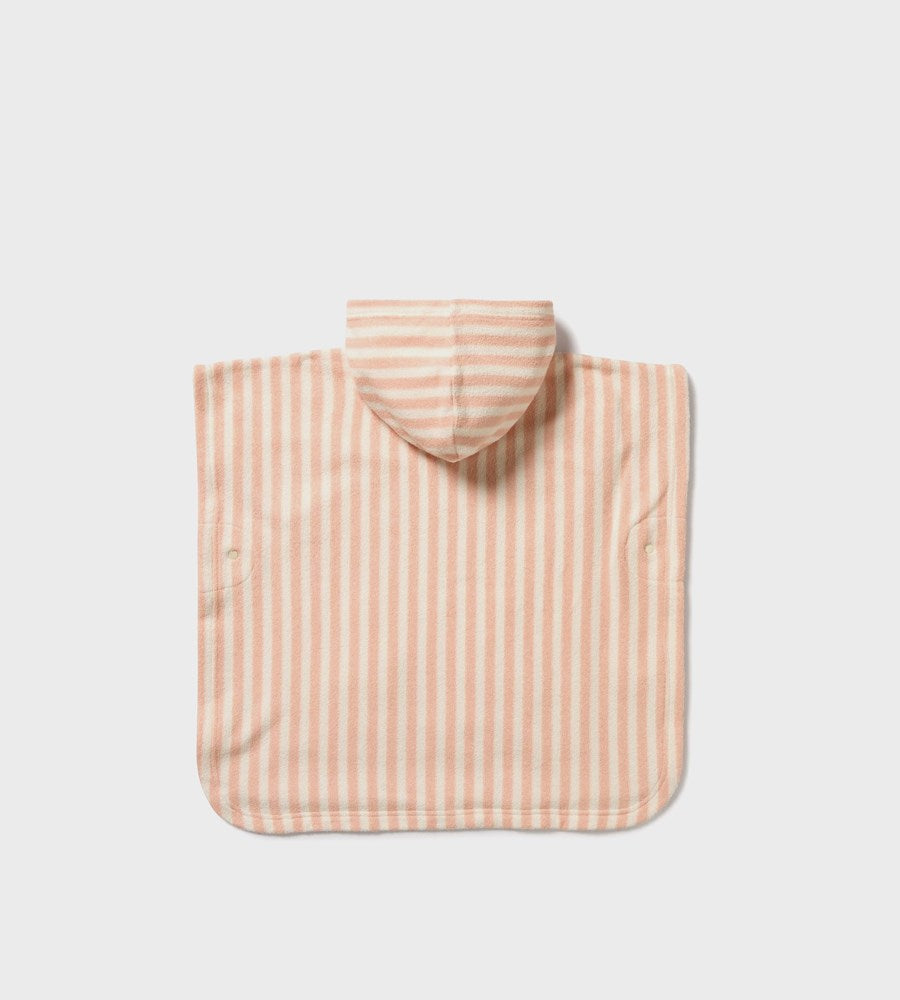 Pink and white striped poncho on a light gray background