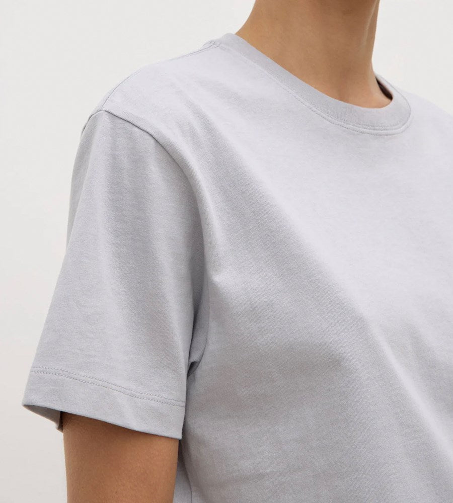 Gray t-shirt worn by a person on a plain background