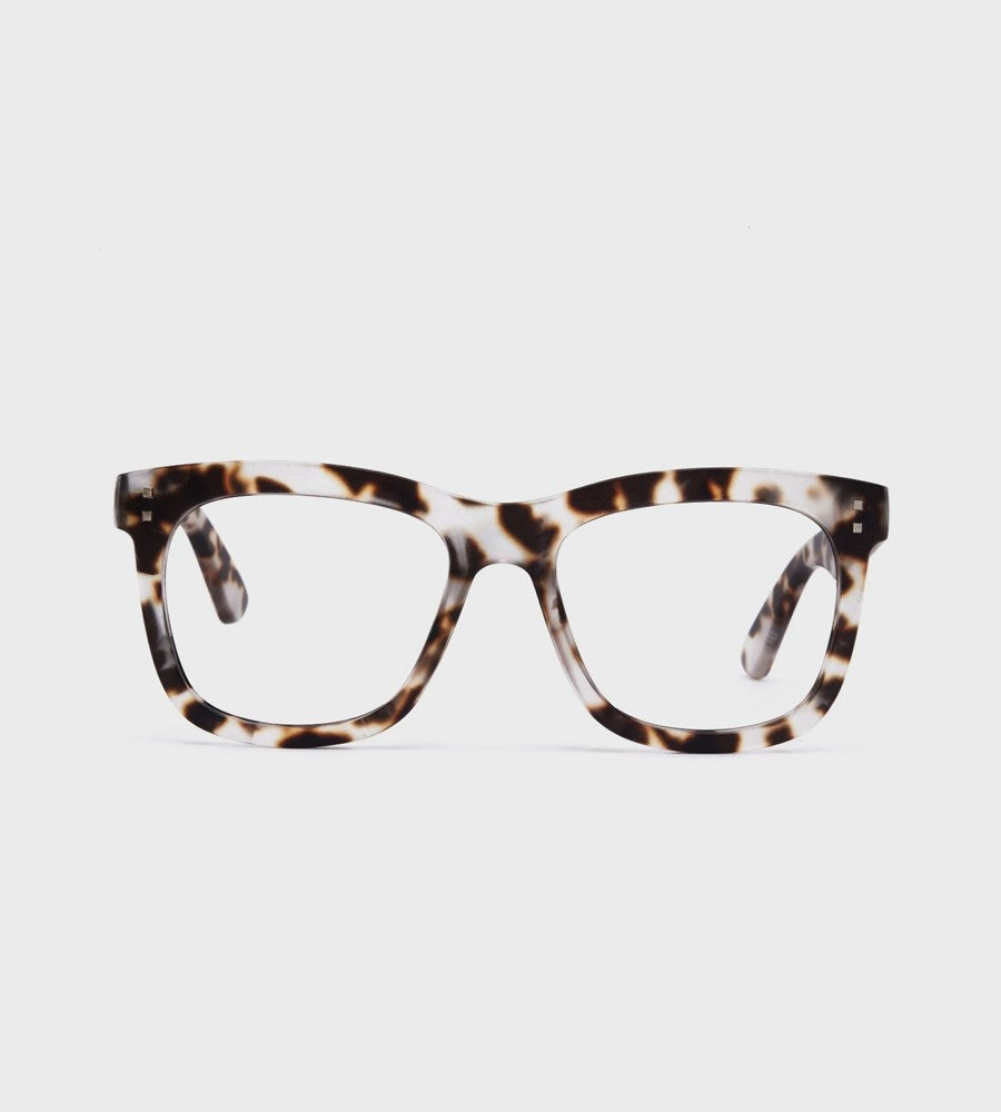 Tortoiseshell glasses on a light gray background