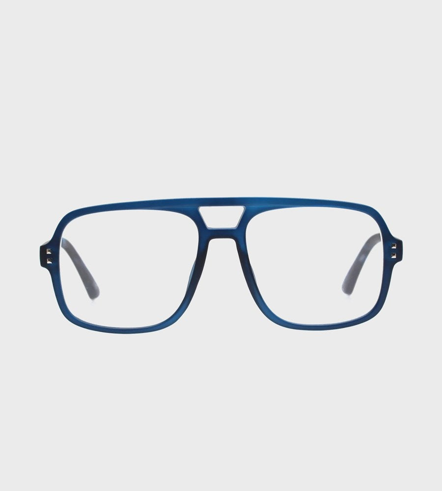Blue eyeglasses on a light gray background