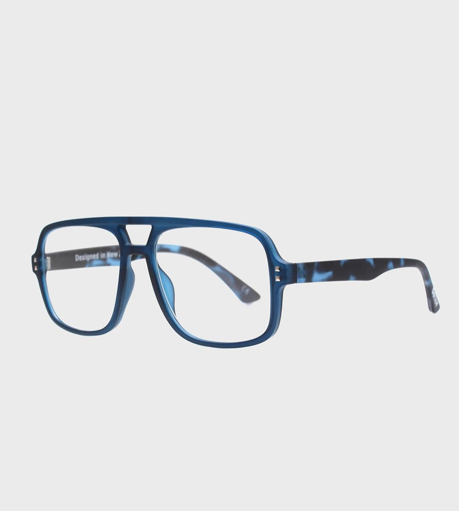 Blue eyeglasses with a tortoiseshell pattern on a light gray background
