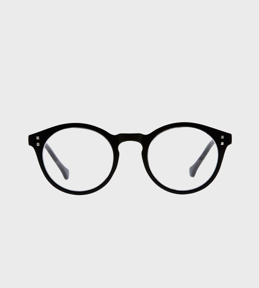 Black round eyeglasses on a light gray background