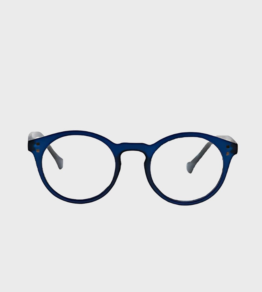 Blue eyeglasses on a light gray background