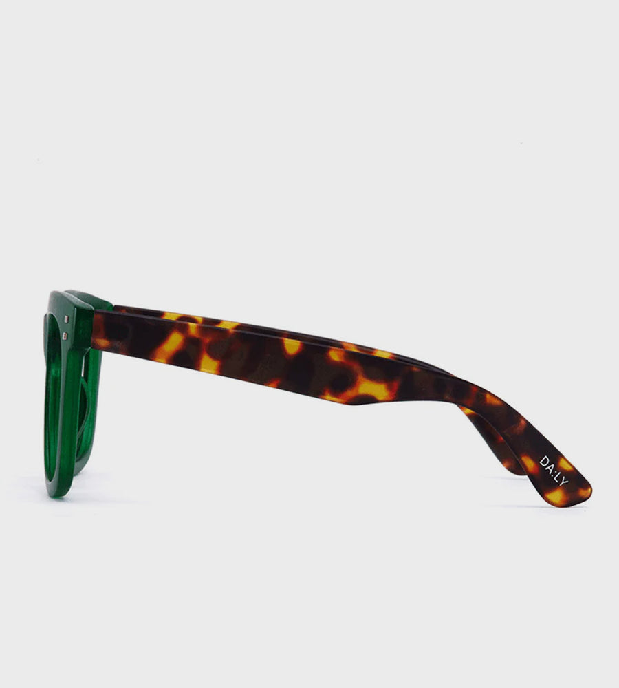 Sunglasses with tortoiseshell frame and green lenses on a white background