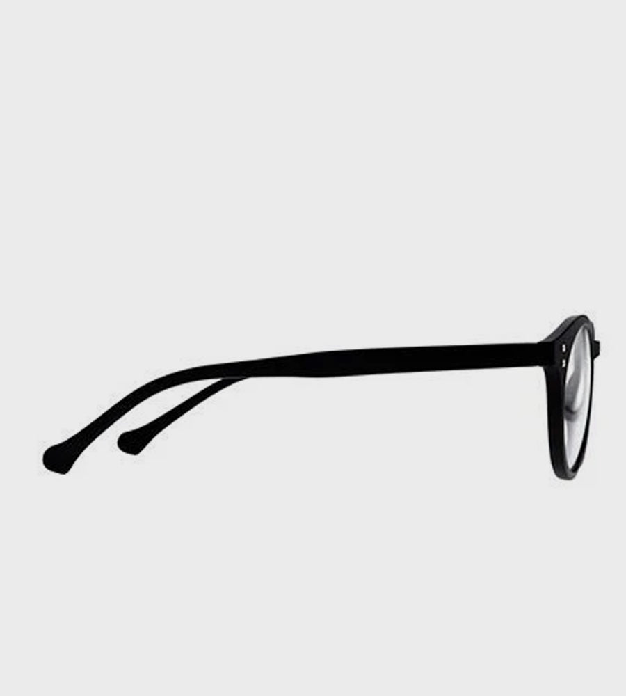Black eyeglasses on a light gray background