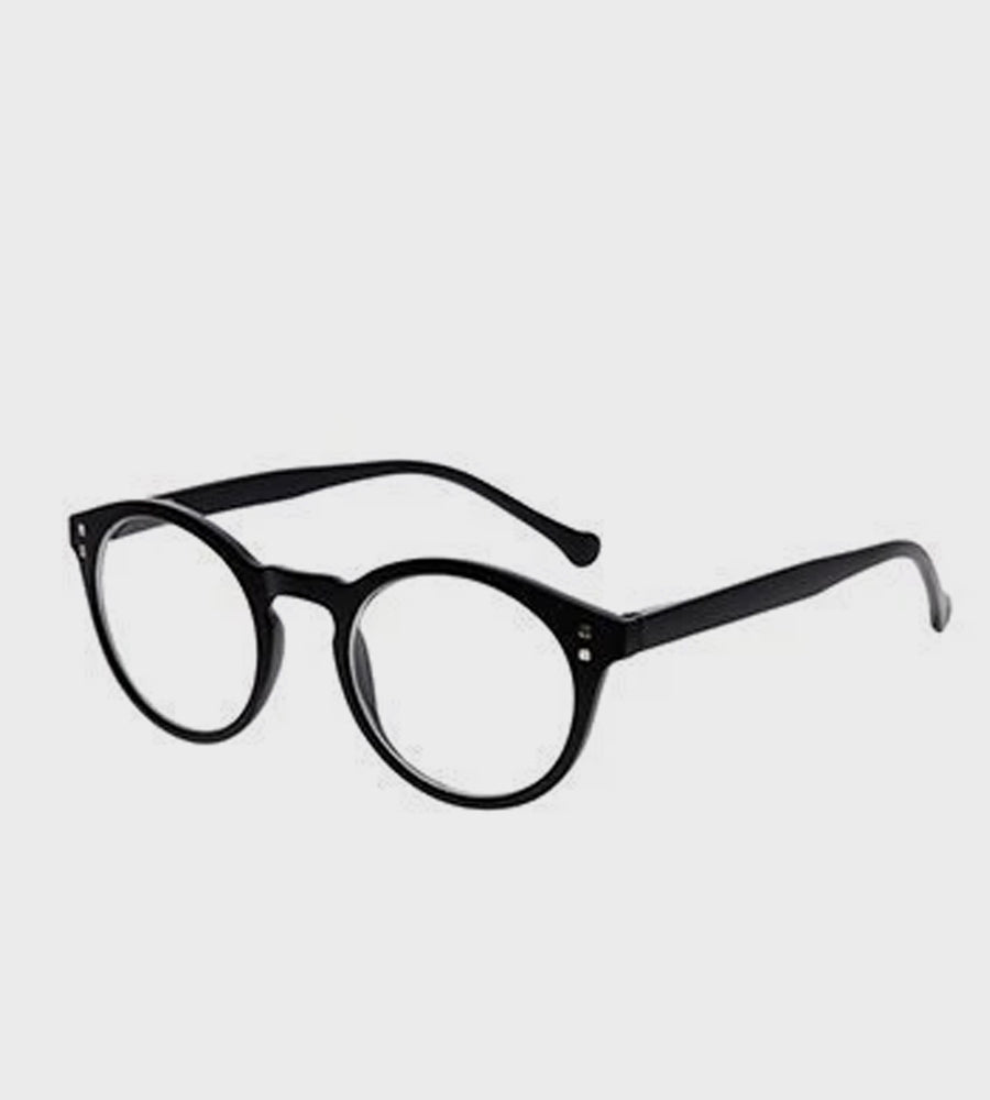 Black round eyeglasses on a light gray background