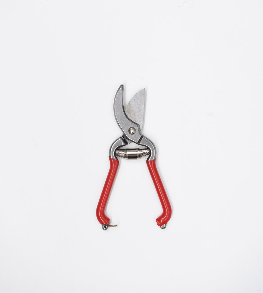 Pruning shears with red handles on a white background
