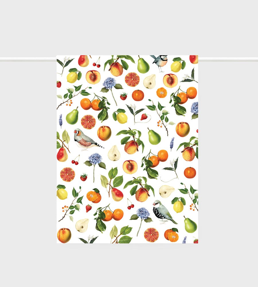 Pattern of fruits and birds on a white background