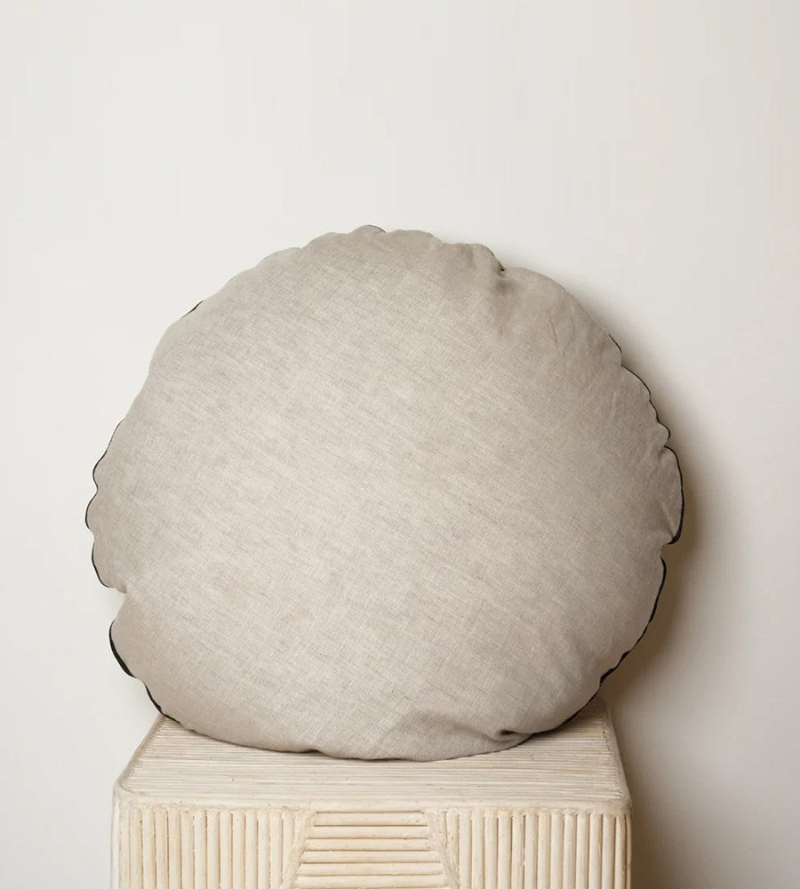 100% French Flax Linen Feather filled Round cushion w. piping I Natural Oat/Black