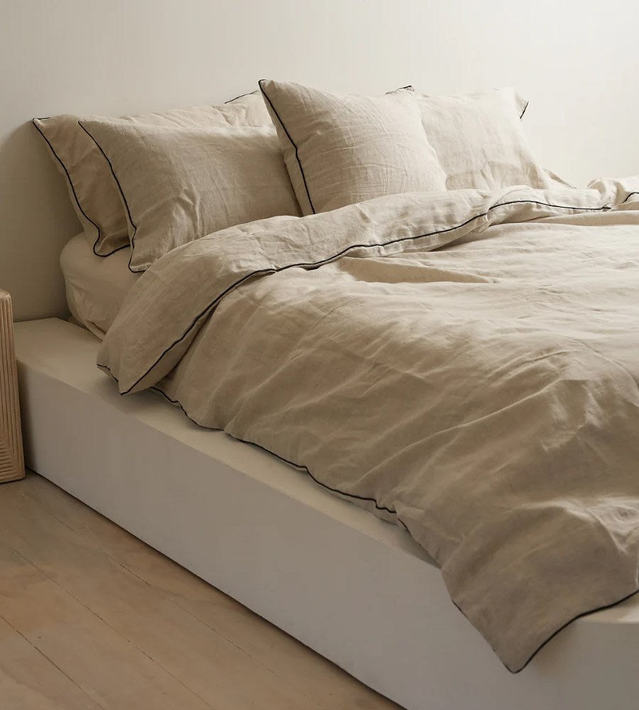 100% French Flax Linen Piped Duvet Set I Natural Oat/Black