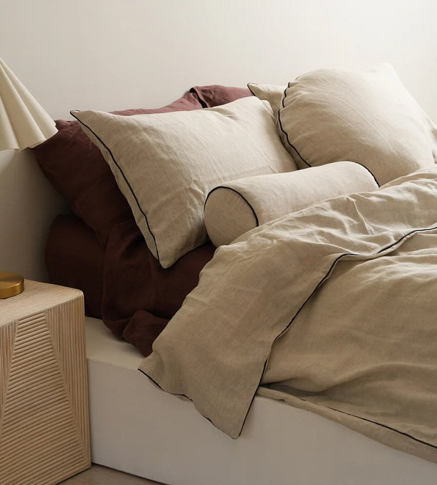 100% French Flax Linen Piped Duvet Set I Natural Oat/Black
