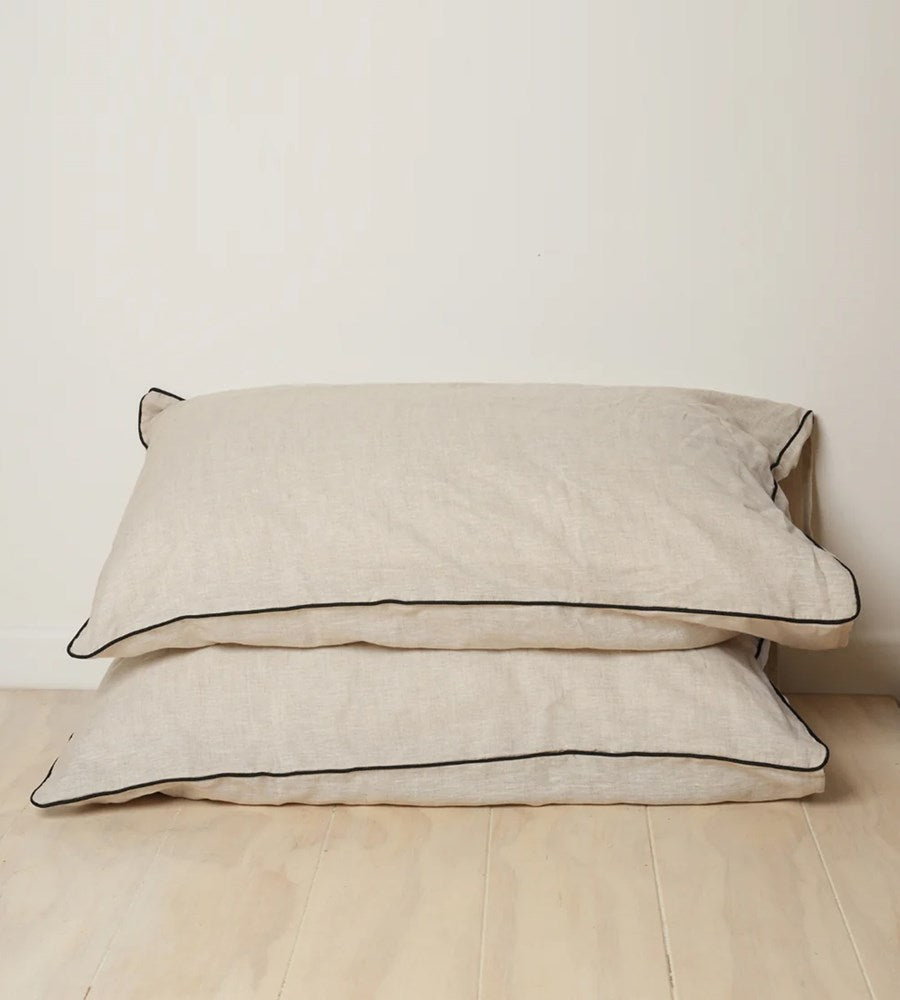 Home Lab I 100% French Flax Linen Piped Pilowcase Pair I Natural Oat/Black