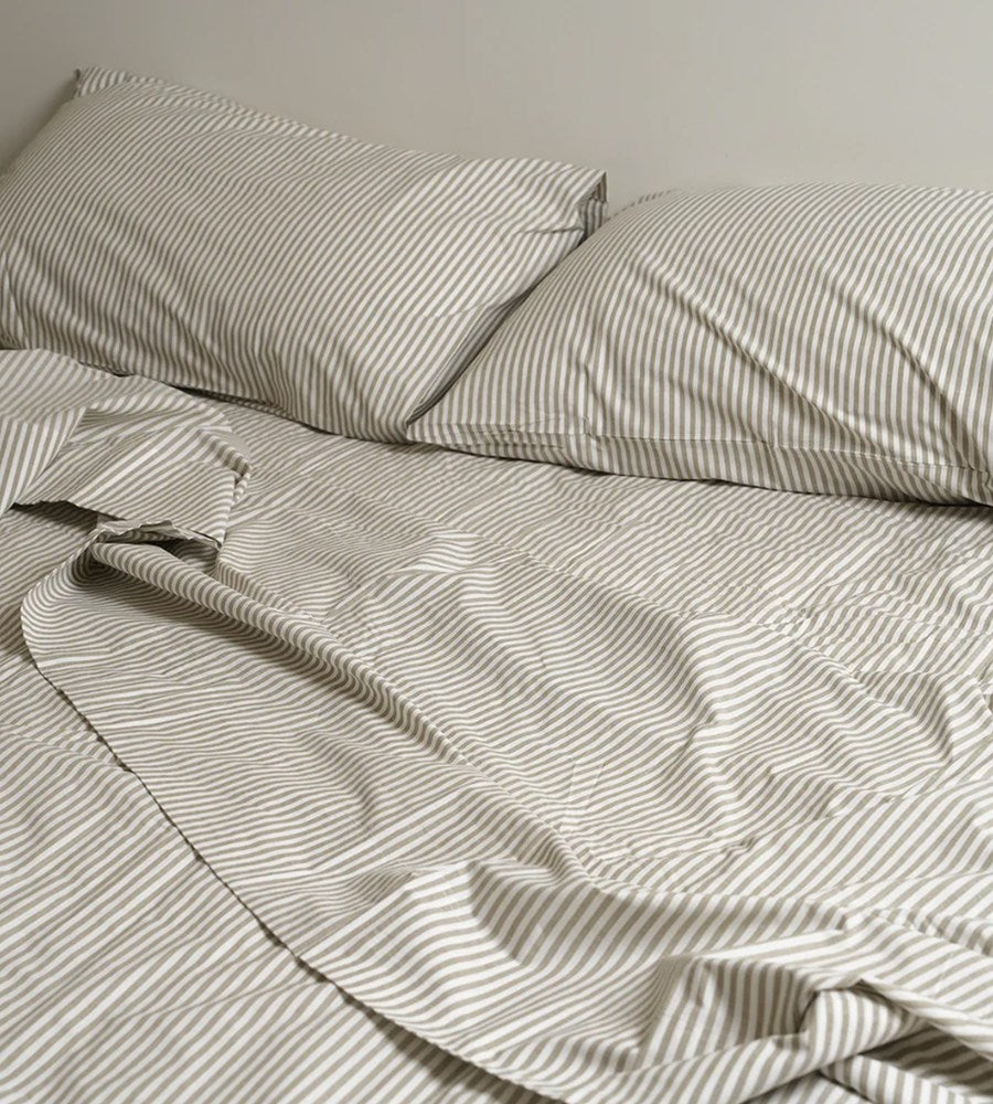 100% Stonewashed Cotton Sheet Set I Olive Stripe
