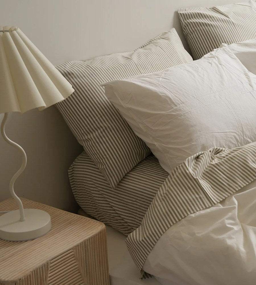 100% Stonewashed Cotton Sheet Set I Olive Stripe