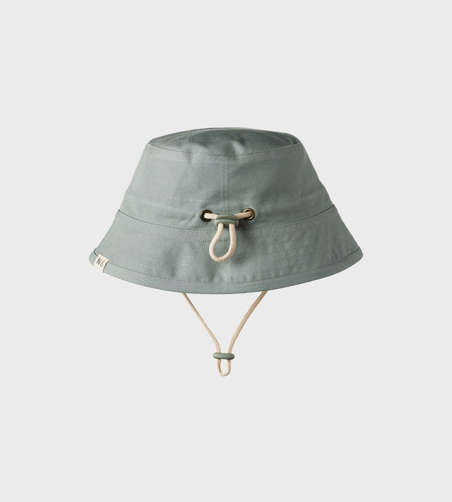 Green bucket hat with a drawstring on a white background