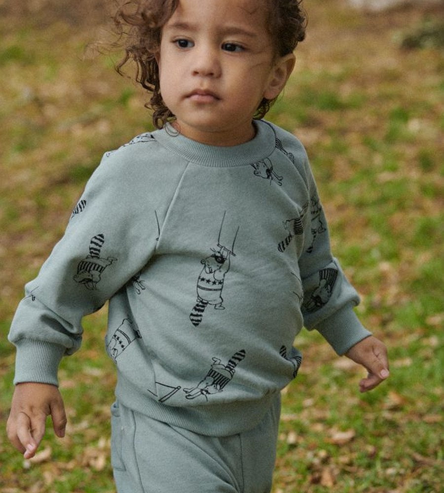 Child wearing a light blue sweatshirt with black graphics outdoors on a grassy area